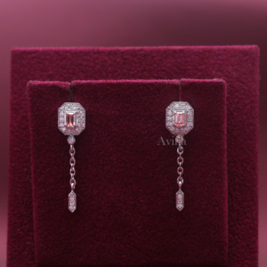 IGI Certified Lab Grown Diamond Pink Emerald Cut Halo Chain Drop <b>Earrings</b> in 14K White / Rose & Yellow Gold Dangle <b>Earring</b> - Product Image 1