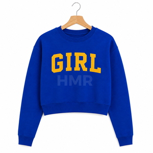 เสื้อสเวตเชิ้ตคอกลมสีน้ำเงินรอยัล HMR Sorority Sisterhood พร้อมพิมพ์ตัวอักษร GIRL สีเหลือง โลโก้แบบกำหนดเองด้านหน้า - Product Image 1