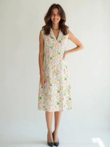 เดรสสั้นผ้าฝ้ายลายดอกคุณภาพพรีเมียม เป็นมิตรกับสิ่งแวดล้อม ซักได้ คอวี แขนกุด จับจีบ น้ำหนักเบา สวมใส่สบาย เหมาะสำหรับฤดูร้อน - Product Image 2