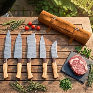 Ensemble de couteaux de cuisine multifonctionnels en acier damas, 5 pièces, faits à la main, design ambidextre, manches en bois, pour le camping en plein air - Product Image 4