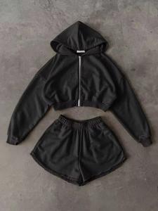 <b>Women</b>’s 2 Piece 100% Cotton French Terry <b>Shorts</b> <b>Set</b> Zip Up <b>Top</b> <b>and</b> Knee Length <b>Shorts</b> Custom High Street Style - Product Image 4