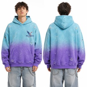 Sweat-shirt à capuche tie-dye bleu violet, pull en tricot déchiré avec poche avant, streetwear - Product Image 5