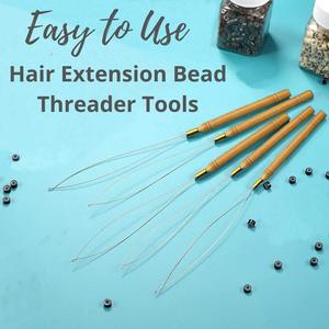 Set 5 Wooden Hair Extensions Loop <b>Needle</b> Threader Wire Pulling Hook Tool Silicone Microlink <b>Beads</b> Feathers-5 Hair Extensions - Product Image 2