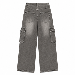 Jean cargo taille haute délavé pour homme, coupe ample, style utilitaire, streetwear automne, couleur unie, tissu en coton - Product Image 2