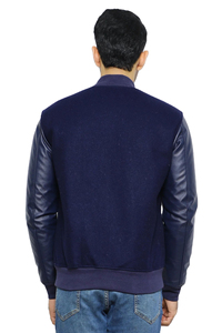 Chaqueta Bomber Azul Marino para Hombre, Mangas de Cuero PU, Cuello Alto, Estilo Casual, Ropa de Otoño - Product Image 2
