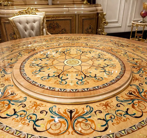 Ensemble de table à manger en teck massif doré royal de luxe, sculpté à l'ancienne, écologique, pour hôtel, villa, meubles de salle à manger - Product Image 5