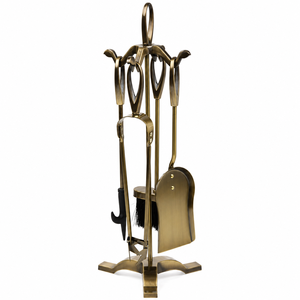 Juego de herramientas para chimenea de latón vintage con soporte, kit de accesorios para chimenea en oro pulido, que incluye pala, pinzas y decoración para el hogar. - Product Image 1