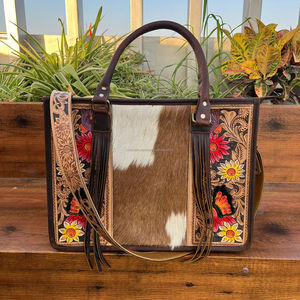 กระเป๋าโท้ทหนังทำมือสำหรับผู้หญิง, กระเป๋าหนังวัวลายดอกไม้ความจุขนาดใหญ่กระเป๋าพาดลำตัว - Product Image 3