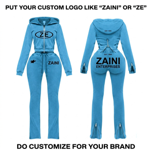 Ensemble de survêtement en molleton de coton et polyester pour femme, 320 GSM, bleu ciel, avec logo personnalisé, sweat à capuche zippé et pantalon évasé - Product Image 1