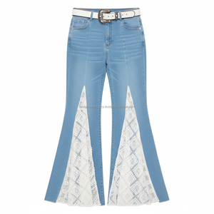 Elegant Breathable Y2K Casual White Lace Patchwork Denim Flare Pants Women High Stretch Retro <b>Bell</b> Bottom Wholesale OEM/ODM - Product Image 4