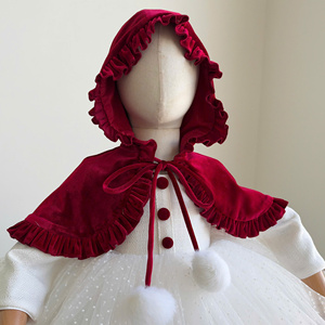 Robe de princesse pour filles, 185 cm, manches longues, corsage ivoire, jupe en tulle à pois, avec cape à capuche en velours bordeaux pour les occasions de fête - Product Image 3