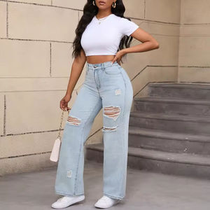 Jeans de mezclilla de cintura media, sencillos, tejidos, lavados, de pierna ancha, desgastados, de ajuste holgado, de largo completo, 100% algodón, casuales de verano para mujer - Product Image 5