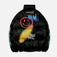 Blouson matelassé noir pour homme, col montant, fermeture éclair, coupe-vent, en polyester épais, style streetwear, coupe ample, imprimé lettres sur le devant