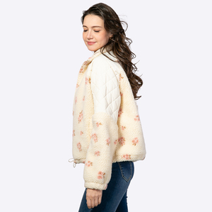 Women's Floral Print <b>Quilted</b> Fleece <b>Jacket</b> Zip Up Stand Collar Winter Coat Short Length Full Sleeve Thick Warm - Product Image 4