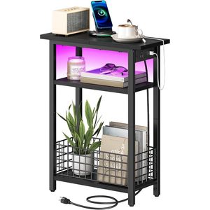 Narrow <b>Side</b> Table with LED Charging Station and Storage Small End Table with USB Port Skinny Nightstand Slim Beds - Product Image 1