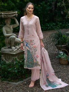 Women's Summer Linen Woven Animal Printed <b>Sequinned</b> Long Top & Pant <b>Set</b> with Dupatta - Product Image 3