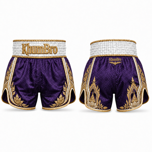 Shorts de Muay Thai personnalisés KhumBro Royal Purple White Gold, broderie jacquard, satin, impression numérique, unisexe, boxe, OEM, 160g, adultes - Product Image 1