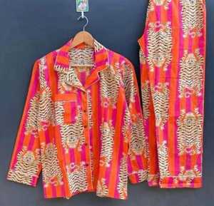 Pijamas Largos de Mujer con Estampado de Tigre, Cuello Camisero, Ropa de Dormir Informal de Verano, 100% Algodón Tejido - Product Image 2