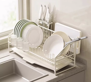 White <b>Dish</b> <b>Rack</b> With Draining Tray 2-Tier Kitchen Organizer For Plates Cups And Utensils Freestanding Countertop Storage - Product Image 4