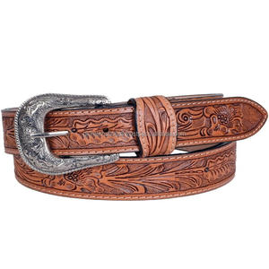 Cinturón de herramientas de cuero occidental para hombre con relieve floral tallado a mano personalizado con hebilla de punta única de diseñador de latón antiguo - Product Image 2