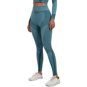 Leggings de yoga taille haute sans couture pour femme, avec empiècements color block et maille côtelée, effet ventre plat, longueur intégrale, pantalon de sport - Product Image 5