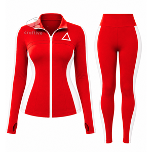 Delta | Sigma | Theta <b>Women's</b> Red Workout Set With <b>White</b> Contrast Side Panels Full Zip Jacket High Waist <b>Leggings</b> Activewear Set - Product Image 1