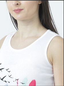 Débardeur blanc sans manches pour femmes, avec imprimé d'arbres et d'oiseaux colorés, col rond, haut décontracté en coton tricoté - Product Image 5