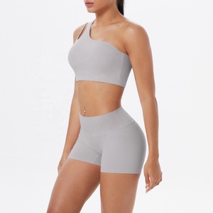 Seamless Gray 2 Piece Yoga Set Racerback Crop Top High Waist Shorts Solid Color Activewear - Product Image 4