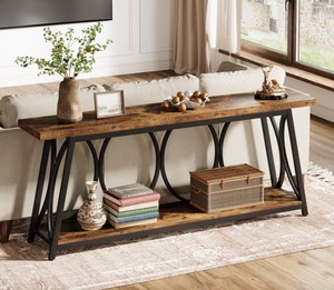Mesa Consola Moderna de Madera con Estructura Metálica y Base de Trípode, Mueble de Sala de Estar con Almacenamiento, Diseño Industrial - Product Image 1
