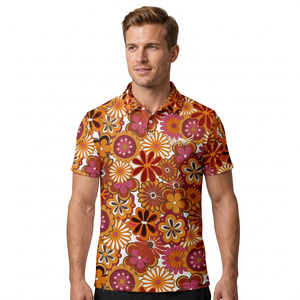 Polo pour homme à imprimé floral, manches courtes, 100% polyester, décontracté, respirant, tissé, coupe classique, logo sur le devant - Product Image 2