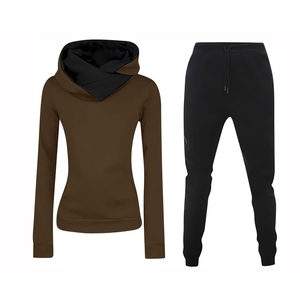 Women's Casual Hooded Tracksuit Set Solid Color Cotton <b>Spandex</b> Full Sleeve Drawstring <b>Pants</b> Breathable Regular Fit Autumn Wear - Product Image 1