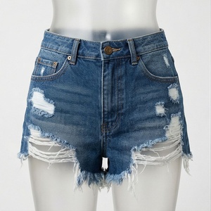 Shorts de mezclilla de cintura alta con borde deshilachado de primera calidad para mujer, diseño urbano, pierna corta, color personalizado, para atuendos casuales de verano - Product Image 1