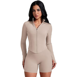 Cropped Length Full Zip Nylon Yoga <b>Jacket</b> Women Breathable Four-Way Stretch Slim Fit High Neck Long Sleeve Skinny Fit <b>Workout</b> - Product Image 3