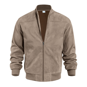<b>Men's</b> <b>Suede</b> Bomber <b>Jacket</b> Stand Collar Zipper Closure Casual Autumn Wear Solid Color Regular Fit - Product Image 3