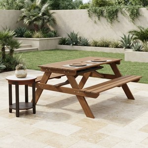 Outdoor Solid Teak Wood Picnic <b>Table</b> Set with Attached <b>Benches</b> Rustic <b>Garden</b> Furniture for Backyard Patio Seating Capacity 4 - Product Image 1
