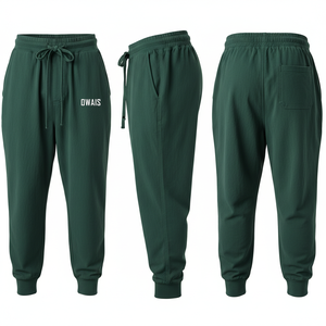 Pantalon de jogging décontracté Owais pour homme, couleur bordeaux, taille élastique avec cordon de serrage, poches, style tricoté mi-lourd - Product Image 3
