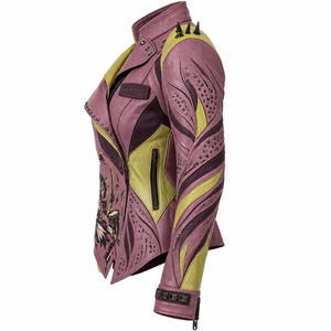 Chaqueta de cuero para mujer, morado malva y verde lima, estilo motero, con estampado gráfico y tachuelas, estilo punk, ropa exterior, proveedor y fabricante de pedidos personalizados - Product Image 4