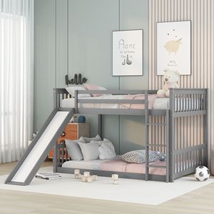 Full Over Full Bunk <b>Bed</b> <b>with</b> <b>Slide</b> and Ladder in Grey Color for Kids - Product Image 4