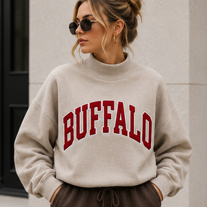<b>Top</b> Trending Football Tailgate Party Wear Buffalo <b>Mock</b> <b>Neck</b> Sweatshirt Custom Chenille Letter Print Academic Youth Club Jumper - Product Image 1