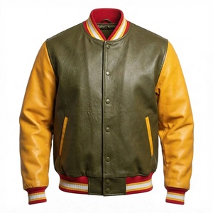 Custom Wool Leather Bomber <b>Jacket</b> <b>Mens</b> Olive Green Body Yellow Sleeves Casual Spring Hooded Waterproof Outerwear High Quality - Product Image 2