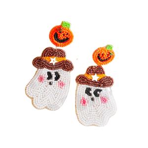 Pendientes con cuentas de fantasma de vaquero de Halloween para mujer, Material de tela de Color naranja, blanco y azul para Día Conmemorativo patriótico - Product Image 1