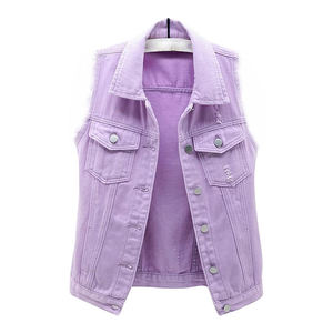 Chaleco vaquero color lavanda para mujer, informal, corto, sin mangas, con botones al frente, de algodón, para primavera. - Product Image 1