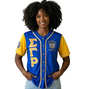 เสื้อเบสบอล Sigma Gamma Rho SGRho สำหรับชมรมหญิงชาวกรีก สีน้ำเงินรอยัล-ทอง สำหรับผู้หญิง ชุดวันแข่งขัน เสื้อผ้าสไตล์กรีก - Product Image 1