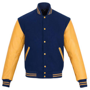 Chaqueta universitaria personalizada de alta calidad con mangas de cuero, cuerpo de lana, logotipo bordado en la parte delantera y trasera. - Product Image 1