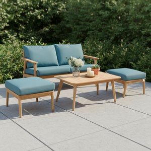 Solid Acacia <b>Wood</b> <b>Sofa</b> Set with White Cushions OEM Minimalist Modern Coffee Table Garden Patio Balcony Furniture Outdoor - Product Image 1