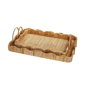 Plateau rectangulaire en rotin tressé avec poignées hautes, en matériau naturel, pour le petit-déjeuner, le service du café, le rangement et l'organisation, vente en gros - Product Image 3
