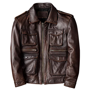 HARAZ INTERNATIONAL <b>Vintage</b> Brown Genuine Leather <b>Motorcycle</b> <b>Jacket</b> Men Turn-down Collar Zipper Closure Solid Color Front Autumn - Product Image 1