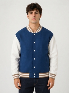 <b>Men's</b> Modern Varsity <b>Jacket</b> Casual Bomber <b>Jacket</b> Contrast Sleeves Ribbed Knit Trim Snap Button Front Custom Clothing Supplier - Product Image 4