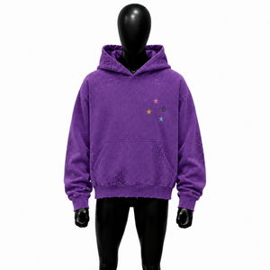 Sudadera con Capucha Extra Grande Morado Violeta con Bordado de Estrellas Multicolor, Estampado de Leopardo Tonal, Estilo Vintage Lavado, Streetwear - Product Image 1
