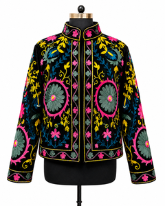 Luxury Black Velvet Jacket Women Pink Floral Hand Embroidery Bomber Handmade Needle <b>Work</b> Winter Coat Boutique Wedding Gift - Product Image 1